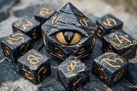 Dragon eye dice set with black marble texture and gold numbers, mystical gaming accessories featuring detailed reptilian iris on D20. Macro photography on stone surface.