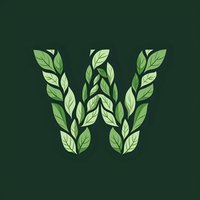 Letter W formed by green leaves arranged in decorative pattern on dark green background, eco-friendly typography design for natural branding.