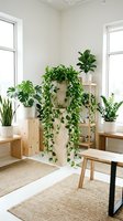 Modern minimalist living room corner with lush green houseplants on wooden shelves and natural light from large windows for home decor inspiration.