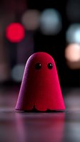 Cute red ghost character made from fabric with black button eyes against dark background with bokeh lights, creating playful and spooky atmosphere.