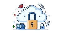 Cloud storage security concept with padlock protecting data files and folders, illustrated in modern line art style with decorative elements. For technology and cybersecurity designs.