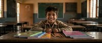 Happy young Asian boy student smiling at desk in classroom with colorful books and notebooks, educational learning environment for back to school concepts.