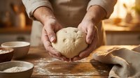 Baker hands holding fresh bread dough in warm kitchen setting with flour and baking ingredients for homemade artisan bread making and culinary preparation.