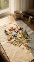 Dried wildflower bouquet on linen fabric with vintage teacup by window creating cozy rustic home decor atmosphere for crafting and botanical art projects.