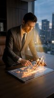 Professional businessman analyzing glowing financial charts on tablet in modern office with city skyline view at sunset for business presentations.