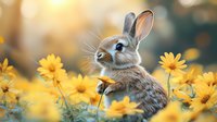 Adorable gray rabbit sitting among bright yellow wildflowers in golden sunlight, perfect for spring and Easter themed designs and nature projects.