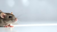 Adorable gray pet rat with pink nose and ears sitting on white surface against soft gray background for veterinary and animal care concepts.