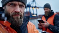 Caucasian dock worker with full beard wearing winter hat and safety vest at container port during dusk. Coworker checking phone in background. Maritime industrial scene.