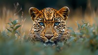 Majestic leopard with piercing blue eyes emerging from green foliage, close-up portrait showing detailed fur pattern and intense gaze against blurred background.