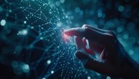 Hand touching glowing digital network connection with particles and geometric lines on dark blue bokeh background, representing future technology.