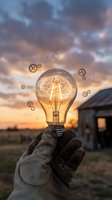 Hand holding illuminated lightbulb with glowing brain filament, gears, and DNA helix symbols floating against sunset sky. Concept for innovation, creativity, and intelligent solutions.