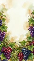Watercolor vineyard frame with red, purple, and green grape clusters, vines, and leaves on cream background. Isolated botanical border design for invitations, menus, wine labels, and seasonal projects.