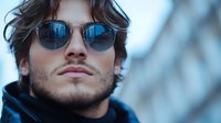 Man with dark wavy hair and facial stubble wearing blue-tinted sunglasses and dark jacket, cool confident expression, urban lifestyle portrait.