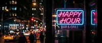 Neon happy hour sign glowing at night outside urban bar and grill with blurred city street lights and traffic in background creating atmospheric nightlife scene.