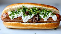 Grilled sausage in toasted bun topped with fresh herbs, sour cream sauce and crispy onions on light background, close up view of gourmet street food.