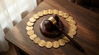 Wooden judge gavel surrounded by golden coins in circle on desk representing legal fees, financial law, bankruptcy court proceedings and monetary justice concepts.