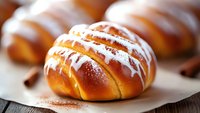 Fresh baked cinnamon roll with white vanilla glaze drizzle on rustic wooden background, sprinkled with cinnamon powder, selective focus food photography.