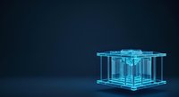 Glowing neon cube with transparent glass structure on dark background. Futuristic digital design for technology, innovation, and modern business concepts.
