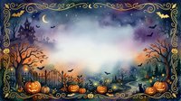 Watercolor Halloween night scene with pumpkins, haunted castle, bats, and ornate golden frame, featuring a blank center copy space.