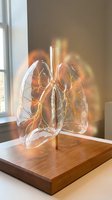 Transparent glass lung model with illuminated bronchial tree displayed on wooden base, educational anatomy sculpture for medical learning and healthcare visualization.