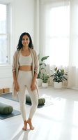 Young woman of South Asian descent wearing beige athleisure outfit standing in bright, minimalist yoga studio with potted plants and exercise mats. Wellness and fitness lifestyle.
