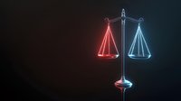 Glowing neon scales of justice with red and blue illumination on dark background, symbolizing legal balance, law enforcement and judicial system concept.