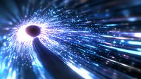 Glowing blue light rays bursting from dark sphere against black background, creating dynamic radial motion effect with bright energy streams and particles.