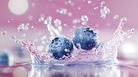 Fresh blueberries splashing in crystal clear water with pink bokeh background creating dynamic motion and droplets, food photography concept.