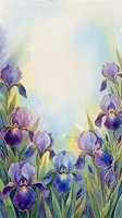 Watercolor iris flowers in shades of purple and blue with green stems arranged on left and right sides, featuring soft yellow and pastel washes creating a dreamy garden background suitable for greeting cards, invitations, and spring designs.