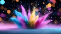 Colorful powder explosion with vibrant blue, pink, and yellow dust clouds against dark background with bokeh lights and glitter particles creating magical effect.