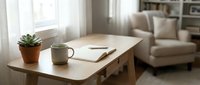 Wooden table with succulent plant, mug, and notebook in bright living room with armchair and shelving, suitable for home decor and lifestyle content.