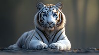 Majestic white Bengal tiger with piercing blue eyes lying down in regal pose against blurred natural background, showcasing power and grace of endangered species.