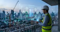 Construction engineer with tablet analyzing smart city data overlay on urban skyline at dawn. Digital technology integration in building development.