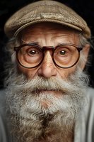 Close-up portrait of senior Caucasian man with long white beard wearing vintage flat cap and round glasses, looking directly at camera with intense gaze.
