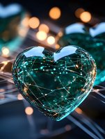 Glowing turquoise heart with network connections and light trails against dark background with bokeh lights creates magical romantic atmosphere.