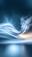Ethereal flowing smoke forms graceful curves against deep blue background, creating mysterious atmosphere with subtle light reflection on water surface.