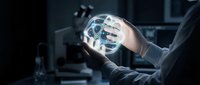 Businessman holding glowing digital brain with neural network connections in modern office environment representing artificial intelligence and technology innovation.