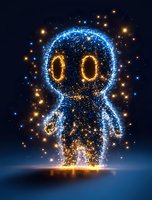 Magical glowing creature made of sparkling blue and gold particles against dark background. Cute character with big eyes formed by light dots and stars.
