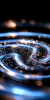 Glowing spiral light trails with blue neon effect and golden bokeh particles create futuristic abstract background for technology and innovation concepts.