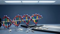 DNA double helix structure with colorful genetic code segments floating above modern laboratory tablet with scattered pills in clinical setting.