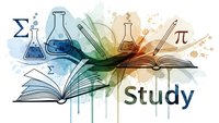 Open books with laboratory equipment and mathematical symbols in watercolor style for educational content and academic study materials.