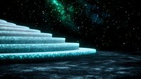 Mystical glowing stairway leading into starry cosmos with ethereal green nebula, abstract spiritual concept representing journey, achievement and aspiration.