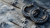 Vintage horseshoes with rhinestones on rustic wooden background with decorative silver snowflakes, symbolizing winter luck and holiday traditions.