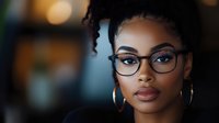 Young African American businesswoman with glasses and hoop earrings in modern office environment with warm bokeh lighting for professional content.