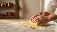Mature male baker kneading dough on floured surface in rustic kitchen with copper cookware and dried herbs visible in background.