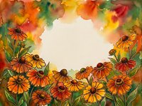 Watercolor autumn floral frame with orange rudbeckia flowers and colorful leaves creating decorative border with copy space for seasonal designs.