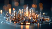 Miniature glowing cityscape with illuminated skyscrapers and bokeh lights at night, modern urban architecture on reflective surface creates dreamy atmosphere.
