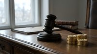 Wooden judge gavel with golden coins on desk in courtroom setting. Legal justice concept for financial law, bankruptcy, divorce settlements, and monetary disputes.