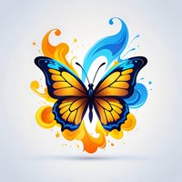 Monarch butterfly with vibrant orange and blue flame-like swirls against light background, artistic style illustration for decorative prints and designs.