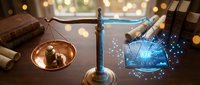 Digital justice concept with traditional scales and futuristic holographic technology display on wooden desk with warm ambient lighting.